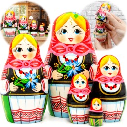 Белорусская матрешка в национальной одежде с букетом васильков, набор 5 шт