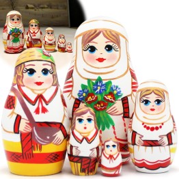 Белорусские матрешки в народной одежде с букетом из васильков, набор 5 шт