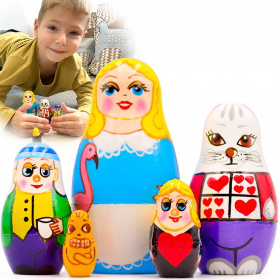 Матрешки для детей с персонажами сказки «Алиса в стране чудес» 5-кукольные