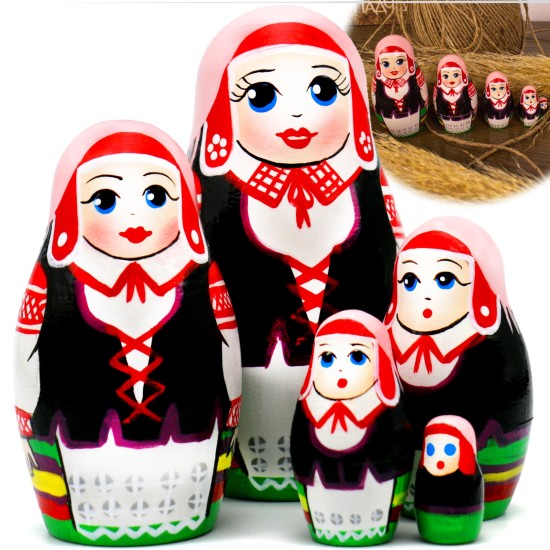 Молодечненские матрешки в славянских одеждах с орнаментами, набор 5 шт. Коллекционная серия «Традиционные строи женского костюма Беларуси»