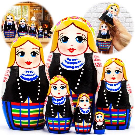 Матрешка в белорусской традиционной одежде со славянским узорами новогрудского региона, 6 в 1