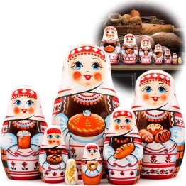 Матрешка в славянском костюме с хлебом-солью, игрушки из дерева, 7 в 1