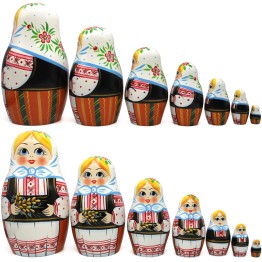 Матрешки в народном славянском наряде с колосками, набор из 7 шт, ручная роспись