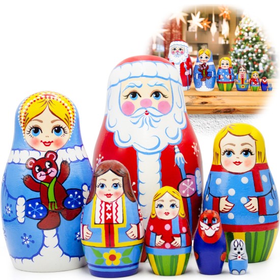 Рождественские матрешки: Дед Мороз, снегурочка и дети, набор 7 шт